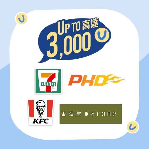 於7-Eleven、KFC、PHD和美心集團旗下指定品牌之食肆及分店使用流動支付/網上簽賬，即可賺取3,000額外積分